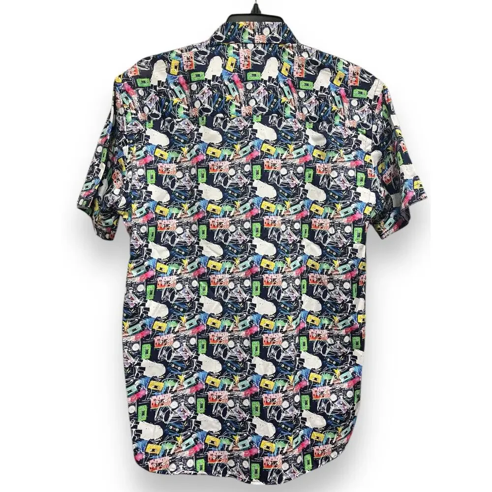 LUCHIANO VISCONTI BLACK Retro 80s Cassette Short Sleeve Shirt | Mens S Multi NWT